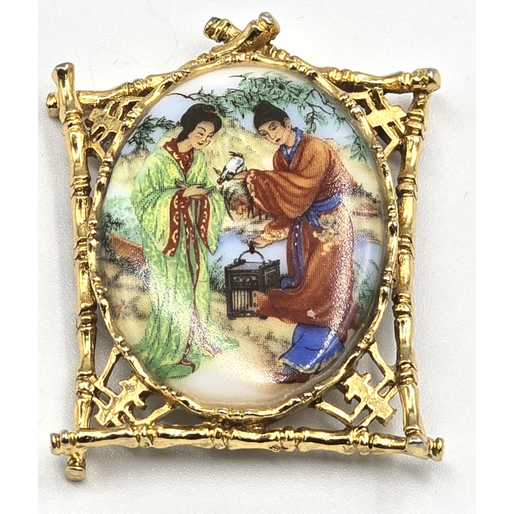 Vintage ART Brooch Chinoiserie Porcelain Gold Tone Bamboo Frame Asian Scene